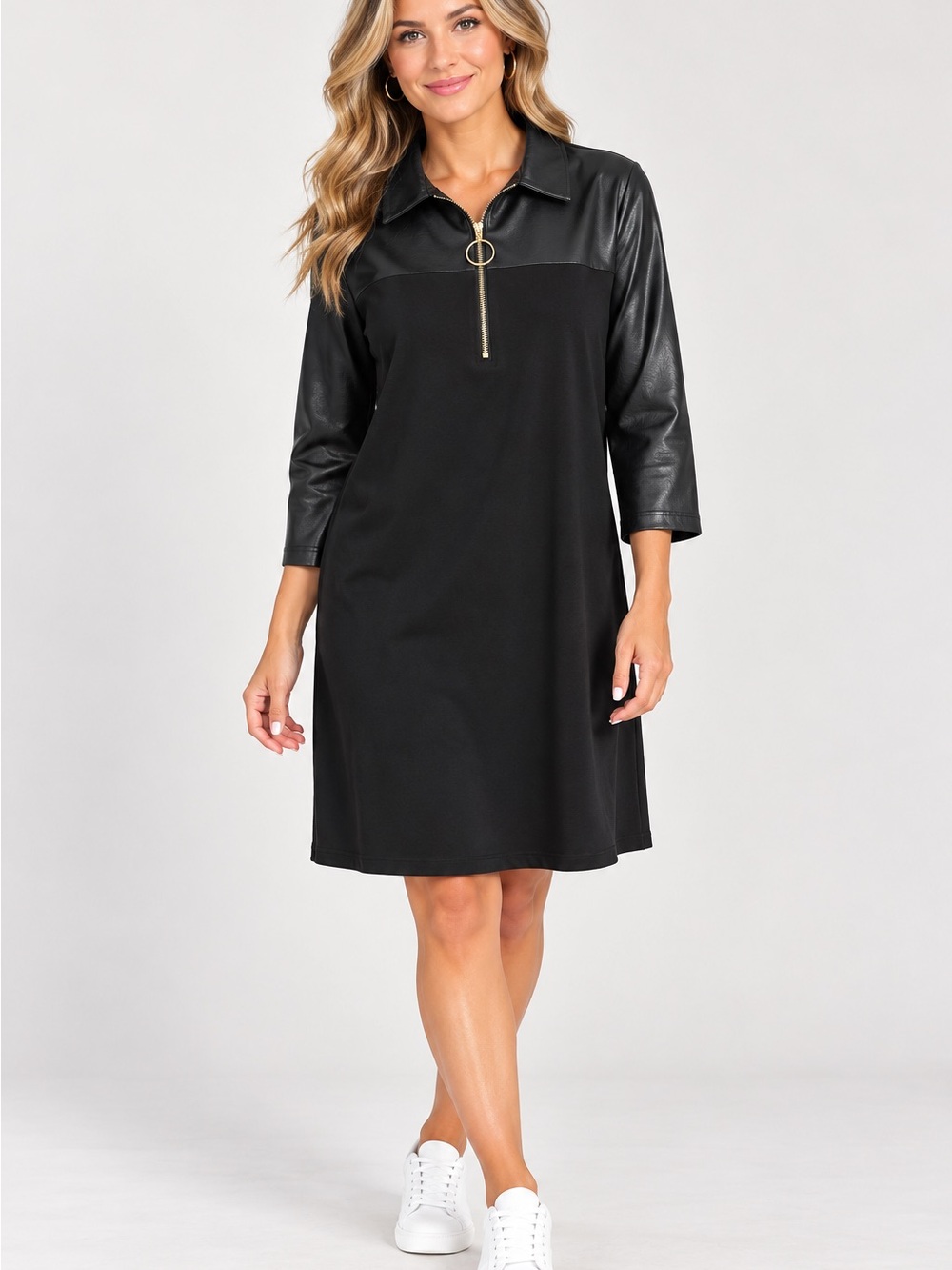 🆕🎉NWT Nanette Lepore Black Faux-Leather Yoke Zip-Front Midi Dress